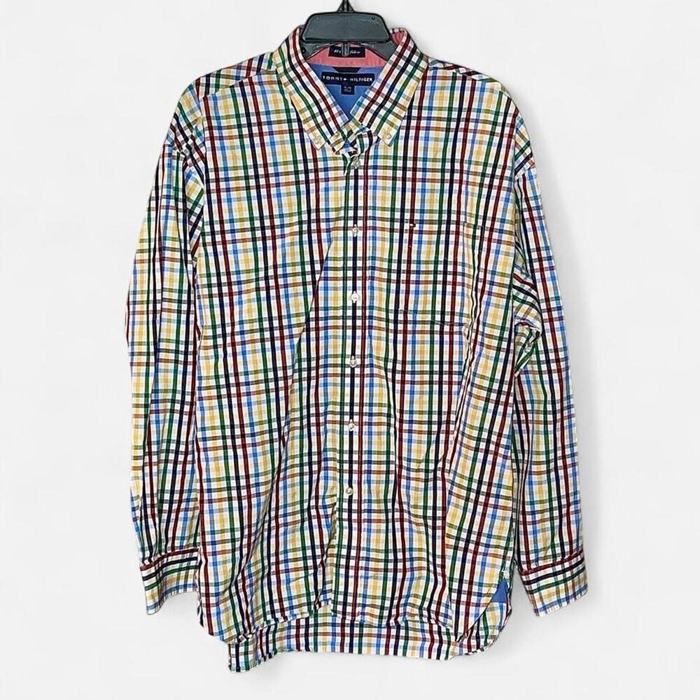 Tommy Hilfiger MENS Multi-Colored Plaid 80’s 2 Ply Fabric Chino Shirt – Size XL